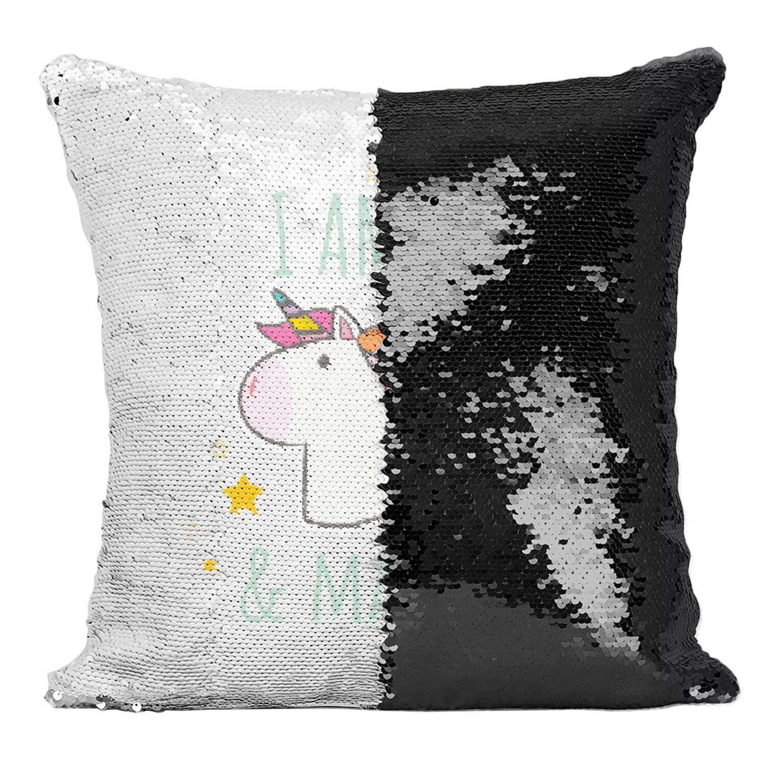 Housse Coussin Sequin Noir Licorne I am 6 and Magical Anniversaire