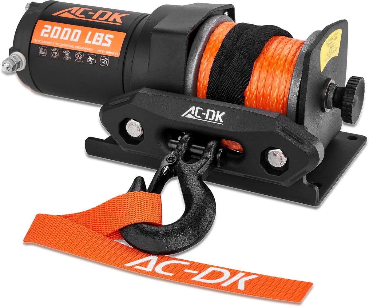 12V 2000 libras. Cabrestante eléctrico ATV/UTV, cabrestante de cuerda sintética todoterreno para remolque, barco, RV, cabrestante ATV/UTV con control remoto con cable amarillo grande y placa de montaje de cabrestante