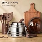 CAROTE 22PCS Ensemble d'articles de cuisine en acier inoxydable avec poignée amovible, ensemble antiadhésif hybride en céramique, ensemble d'objets de cuisine empilables, coffre à induction, coffre-fort pour four, brun