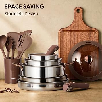 CAROTE 22pcs Hybrid Nonstick Pots and Pans Set, Stainless Steel Cookware Set with Honeycomb Titanium Interior, Induction Safe, Oven Safe, Brown (PFOS, PFOA Free)