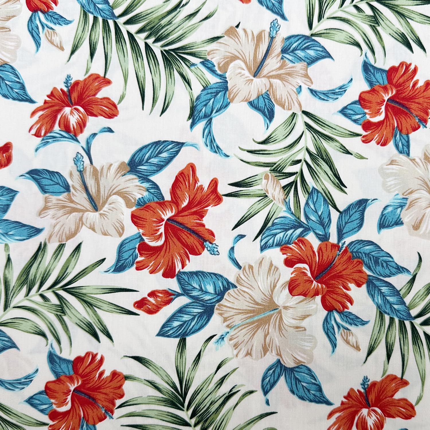 Glamour Secrets Cream Cotton Fabric - Tropical Hibiscus Hawiian Floral Print On - Craft Dress Fabric Material