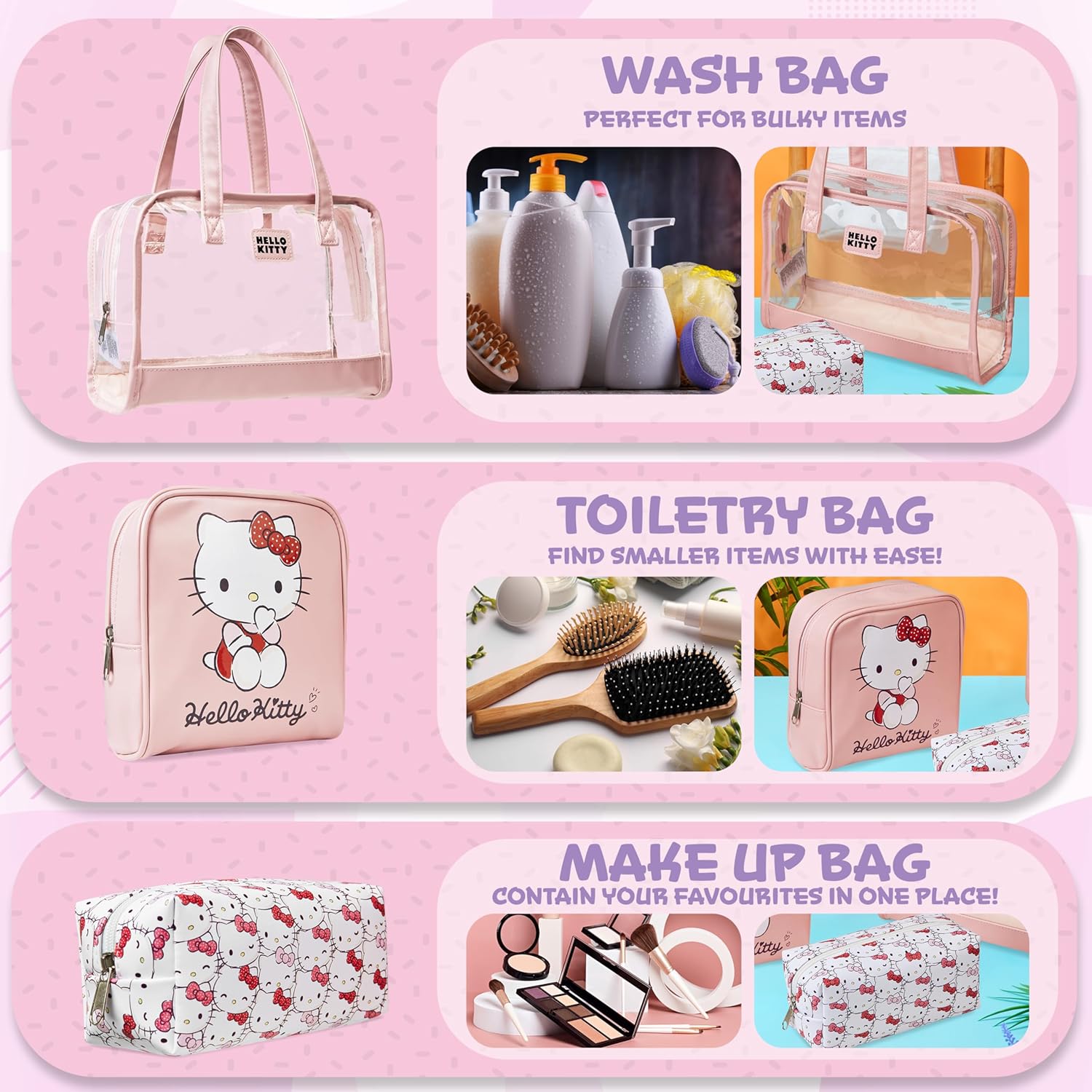 Get Trend Hello Kitty Toiletry Bag and Makeup Bag Set of 3 for Women Teens Girls Zipped Cosmetics Case Kawaii Travel Essentials Anime