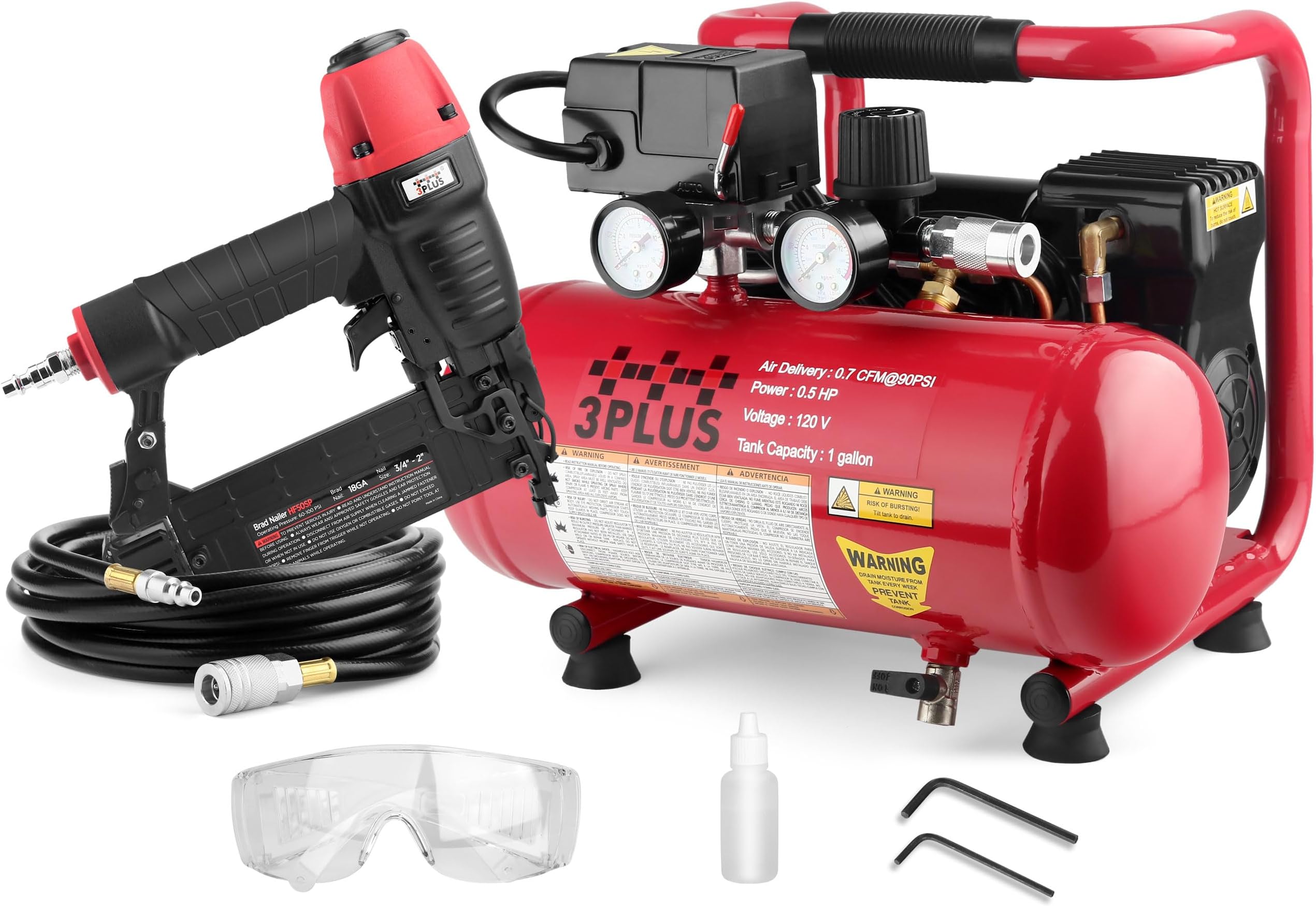 3PLUS HCB050401 18-Gauge Brad Nailer and Quiet Air Compressor Combo kit