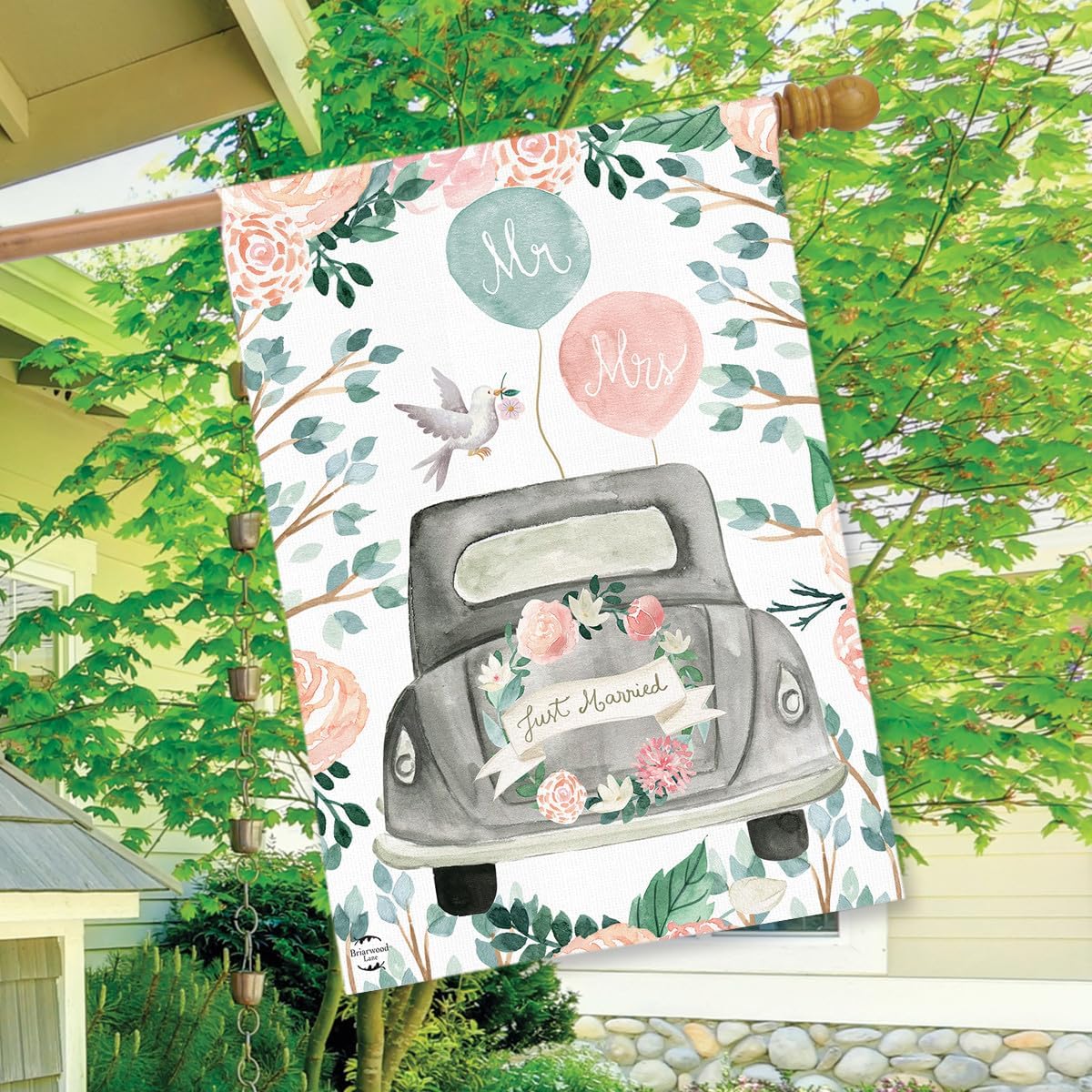 Just Married Floral House Flag Wedding Day Mr. & Mrs. 28" x 40" Briarwood Lane