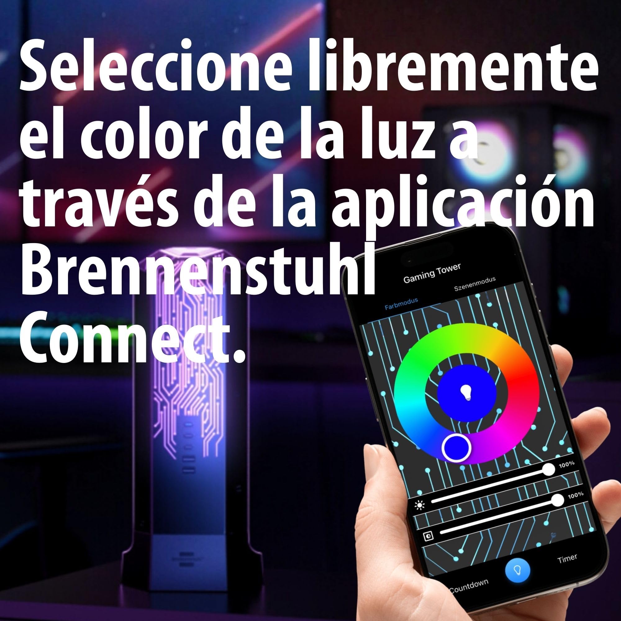 Brennenstuhl Gaming Torre Enchufes Vertical de 9 vías con USB y Control de luz RGB (con protección contra sobretensión, Cable de 2 m, 3X USB C con máx. 45W PD, 2X USB A e Interruptor)