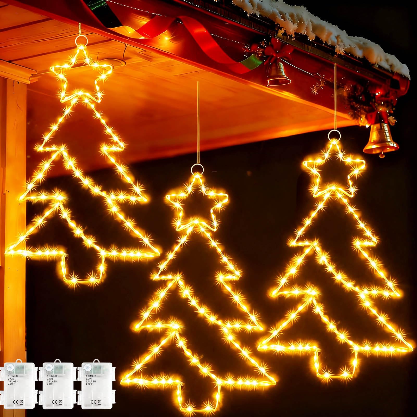 yowin Christmas Window Lights 3 Pack 45 LED Hanging Large Metal Christmas Decorations Battery Operated with Timer, Xmas Tree Window Light Waterproof Star Light for Xmas Indoor Outdoor Decorations โ image 1