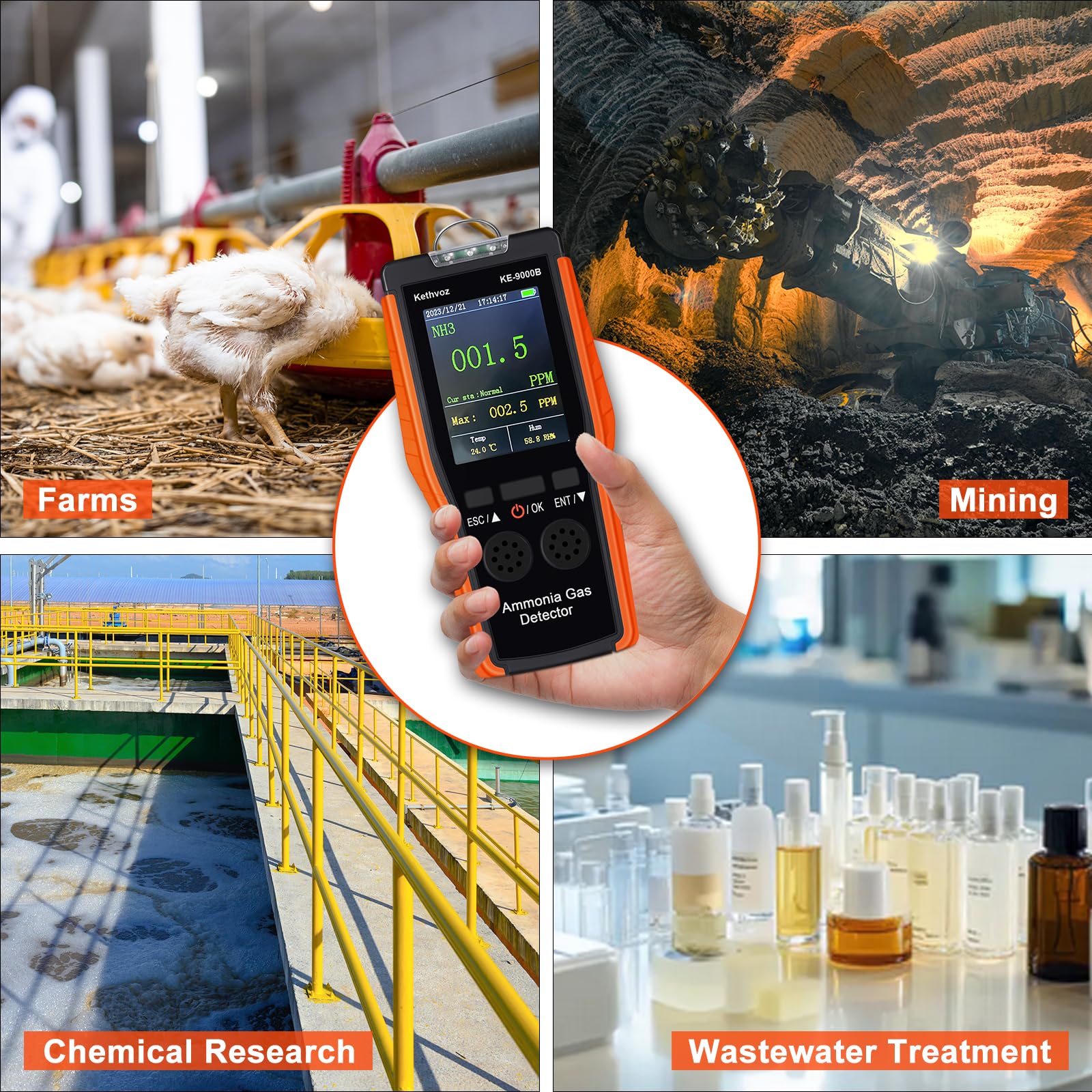 Detector de amoníaco 9000B - Monitor NH3 de alta precisión con sensor electroquímico, rango de 0-100PPM, función de alarma, portátil y compacto para agricultura industrial, seguridad ambiental