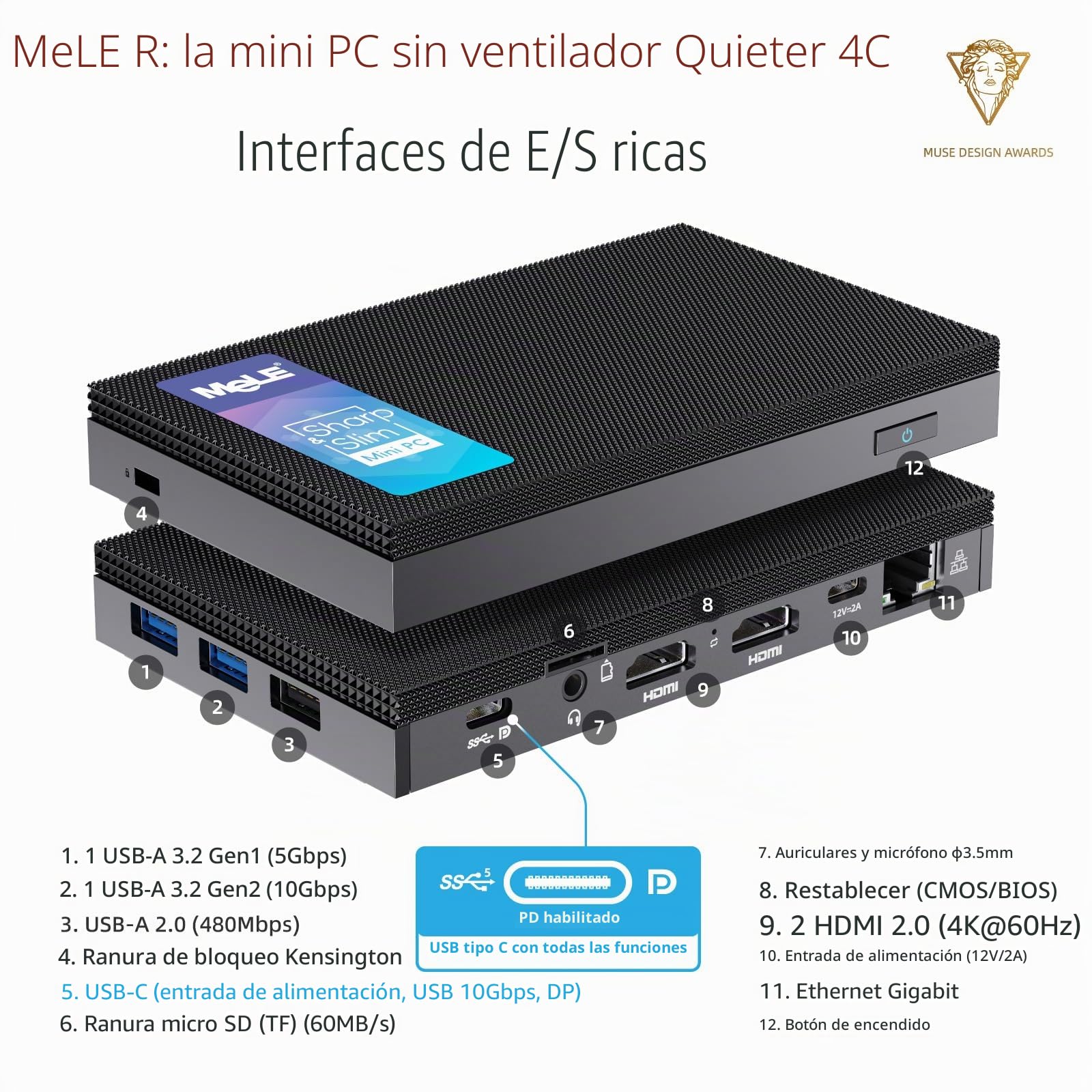 MeLE Quieter 4C Mini PC Sin Ventilador, N150 8GB 256GB, Triple Pantalla 4K | N150 hasta 3.6GHz, 8GB RAM, 256GB almacenamiento, doble HDMI+USB-C triple 4K display, USB-C PD3.0, Wi-Fi 5, soporte VESA