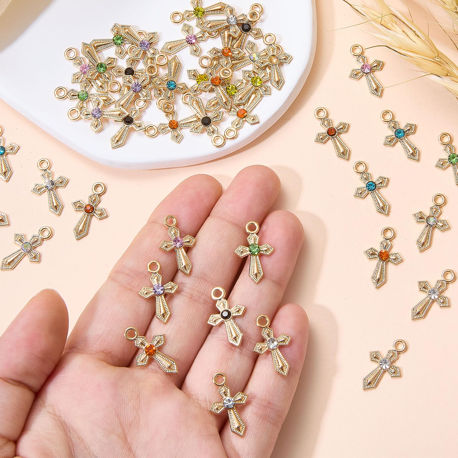 60 ciondoli a forma di croce dorata per bracciali, piccoli ciondoli con strass, in lega, ciondoli religiosi per collane, orecchini, accessori per gioielli