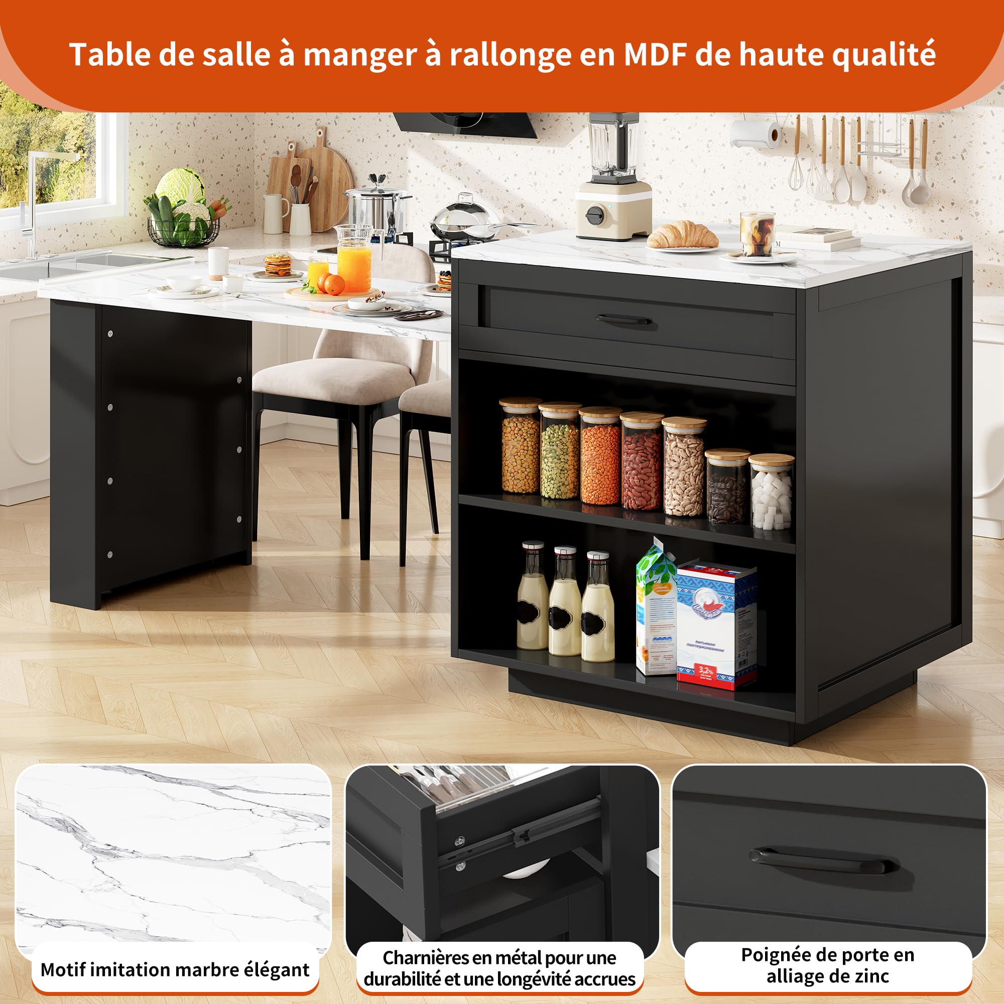 Îlot Central Cuisine sur roulettes avec Table Extensible 2-6 Personnes 133-202cm, Meuble Cuisine avec Plan de Travail, Desserte de Cuisine avec Plateau Effet Marbre Haut de Gamme