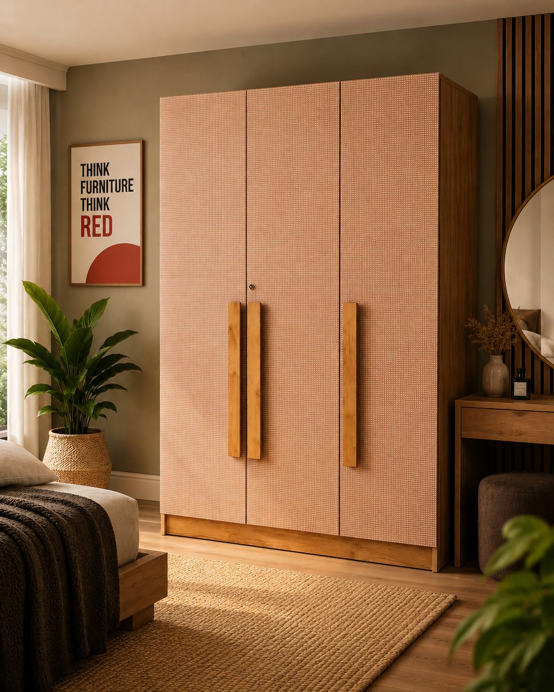 Bniture 3 Door Wardrobe for Bedroom with Lockable Door & Hanging Space | Almirah for Clothes with Rattan Finish | Wardrobe for Storage | 3 Years Warranty (Giant Wood)-image-34