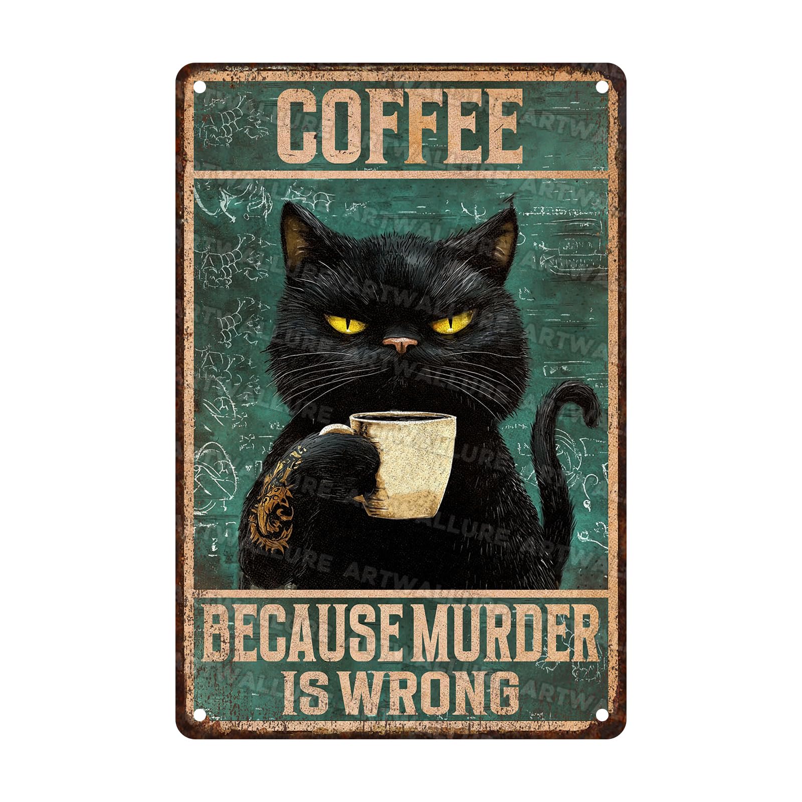 Black Cat Vintage Sign Because Murder Is Wrong Metal Sign Funny Kitchen Signs for Bar Wall Decor 8x12inch