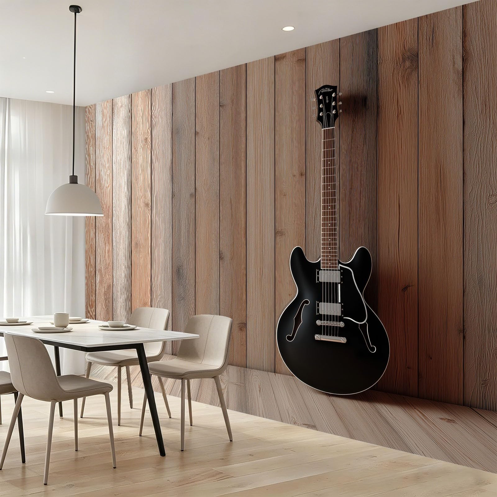 Przemysłowe fototapety Gitara Ściana Drewniane Narzędzie Czarny Kolor Tapeta Włóknina Dekoracja Salon Sypialnia Muzycy, 350 x 256 cm