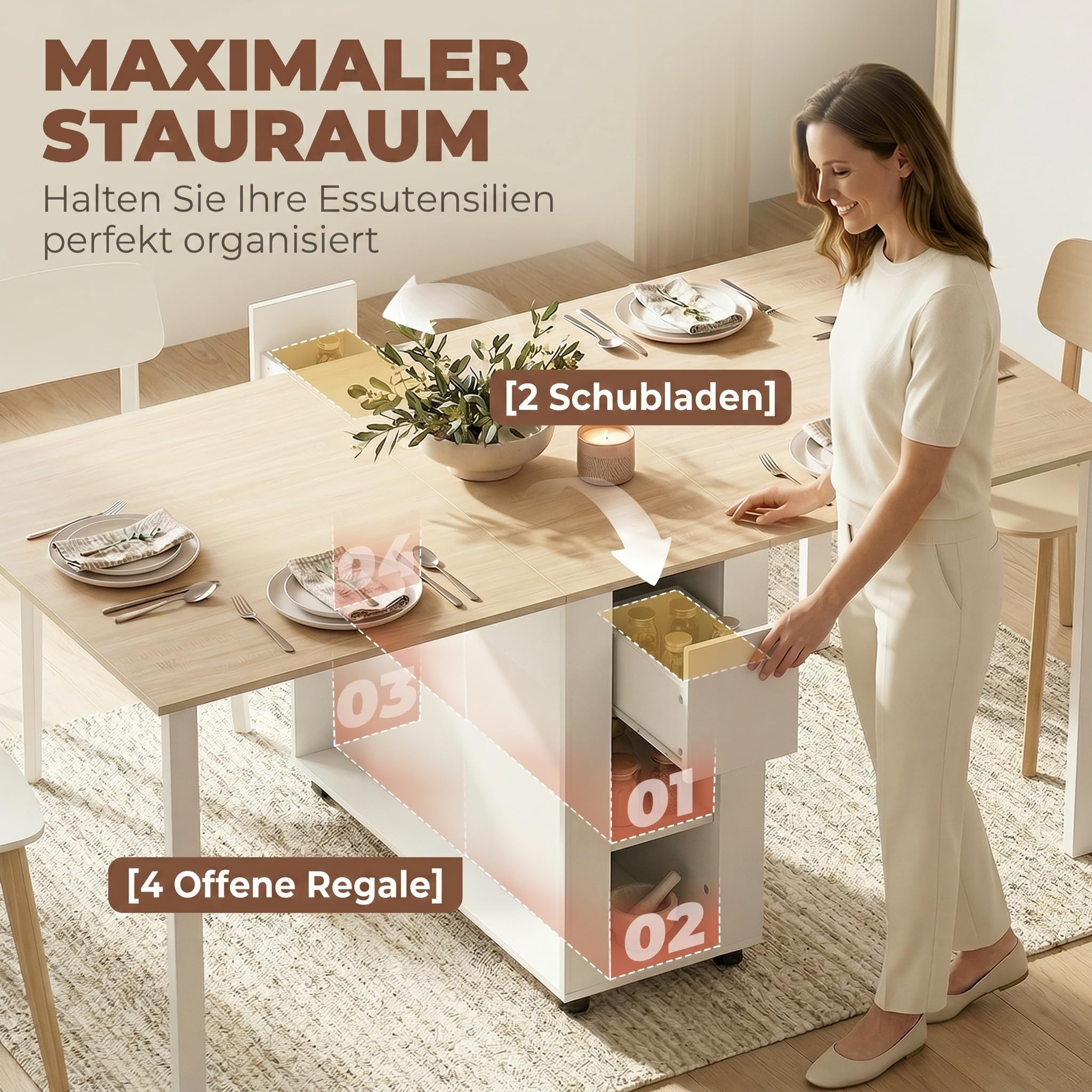 HOMCOM Esstisch Klappbar mit 2 Schubladen 168,2 x 85 x 73 cm Natur/Weiß | Küchentisch, 4 Ablagen, Bis zu 6 Personen, Moderner Klapptisch, Holzbeine, Esszimmertisch, Esszimmer, Küche