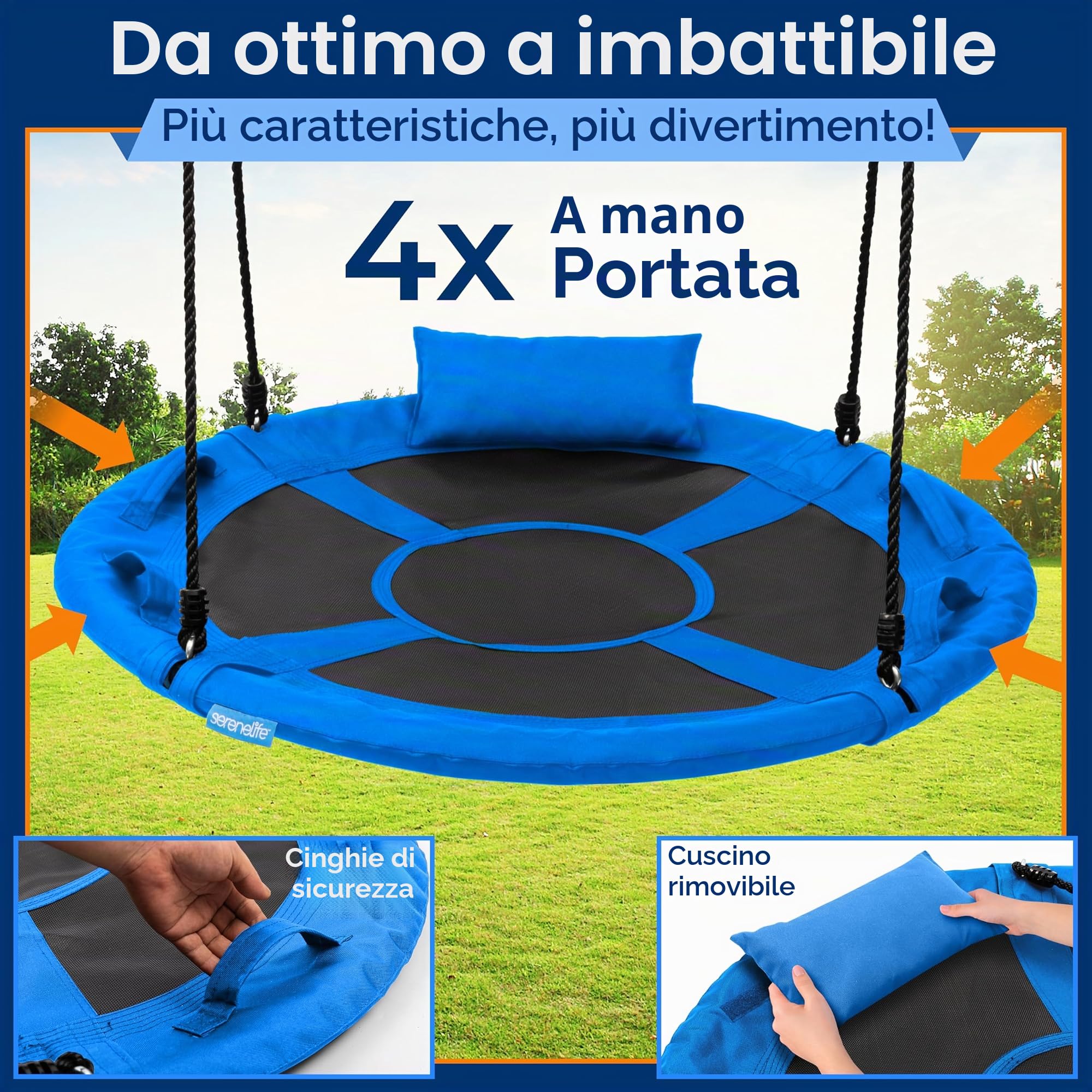SereneLife Altalena da Giardino per Bambini Rotonda 102 cm con Kit di Fissaggio Universale, Altalena Corde Regolabili e Cuscino per Uso Esterno