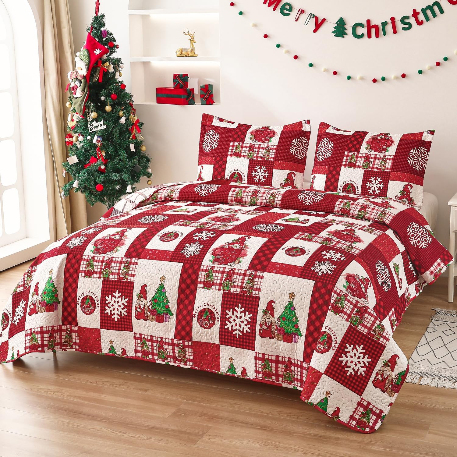 Smuge Christmas Bedspread Quilt Sets King Size - Reversible Christmas Tree Snowflake Red Plaid New Year Winter Holiday Coverlet Bed Set Xmas Bedding Sets Bedroom Decor