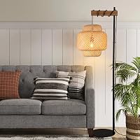 SUNLLOK Boho Rattan Állólámpa - Bambusz Torta Lámpaernyő, Fa Talp, Lábkapcsoló, Fekete Fonott Dizájn, Nappali, Konyha, Hálószoba, Iroda 7