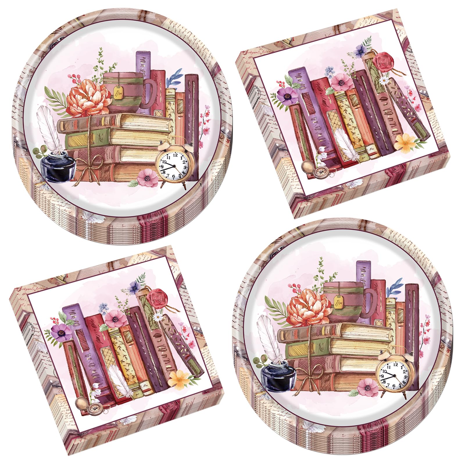 Assiettes de fête thème livre en carton rigide jetable pour 25 invités