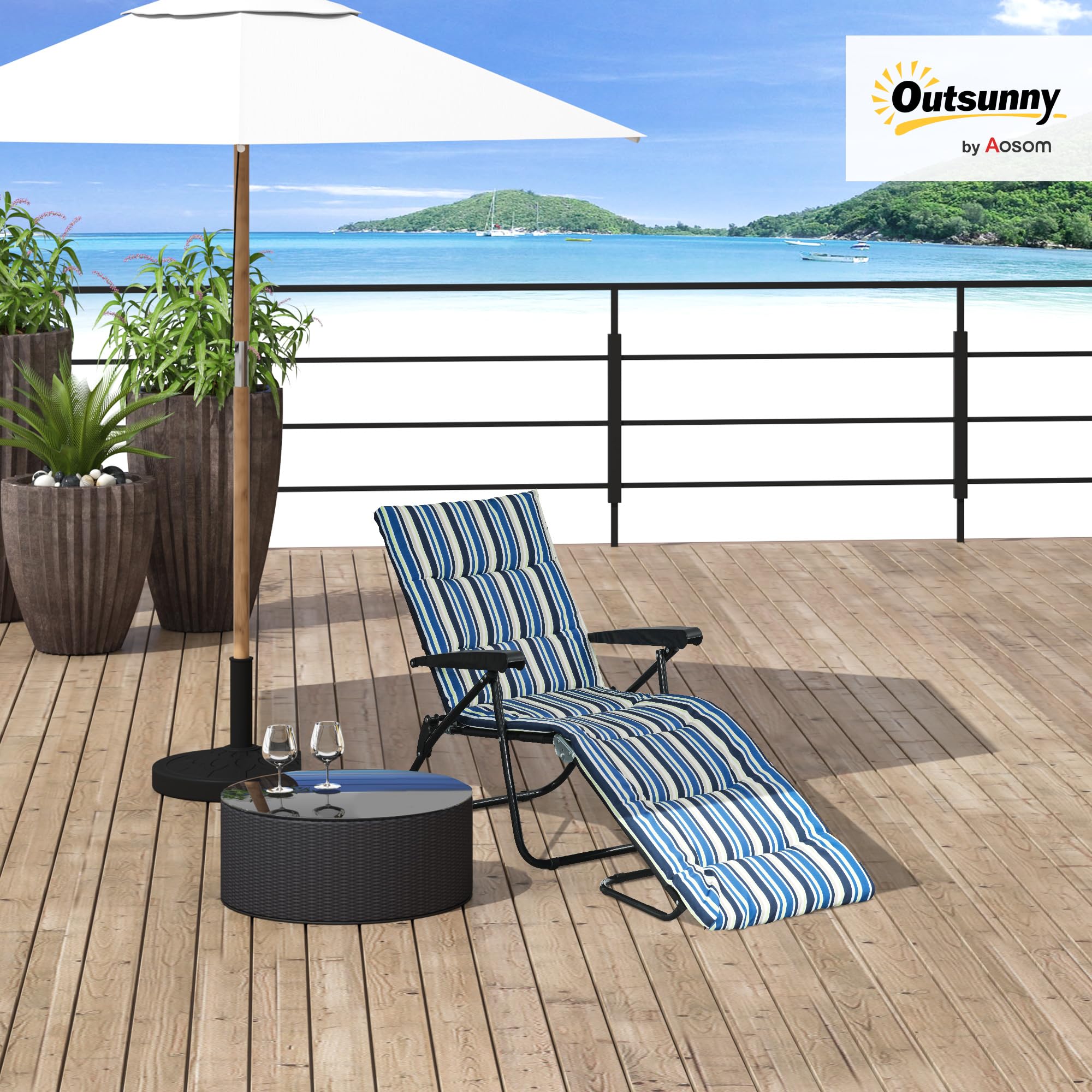 Outsunny Bain de Soleil Pliable Transat Inclinable 6 Positions Multicolore | Grand Confort, Avec Matelas, Accoudoirs, Acier Polyester, leger, Jardin Extérieur