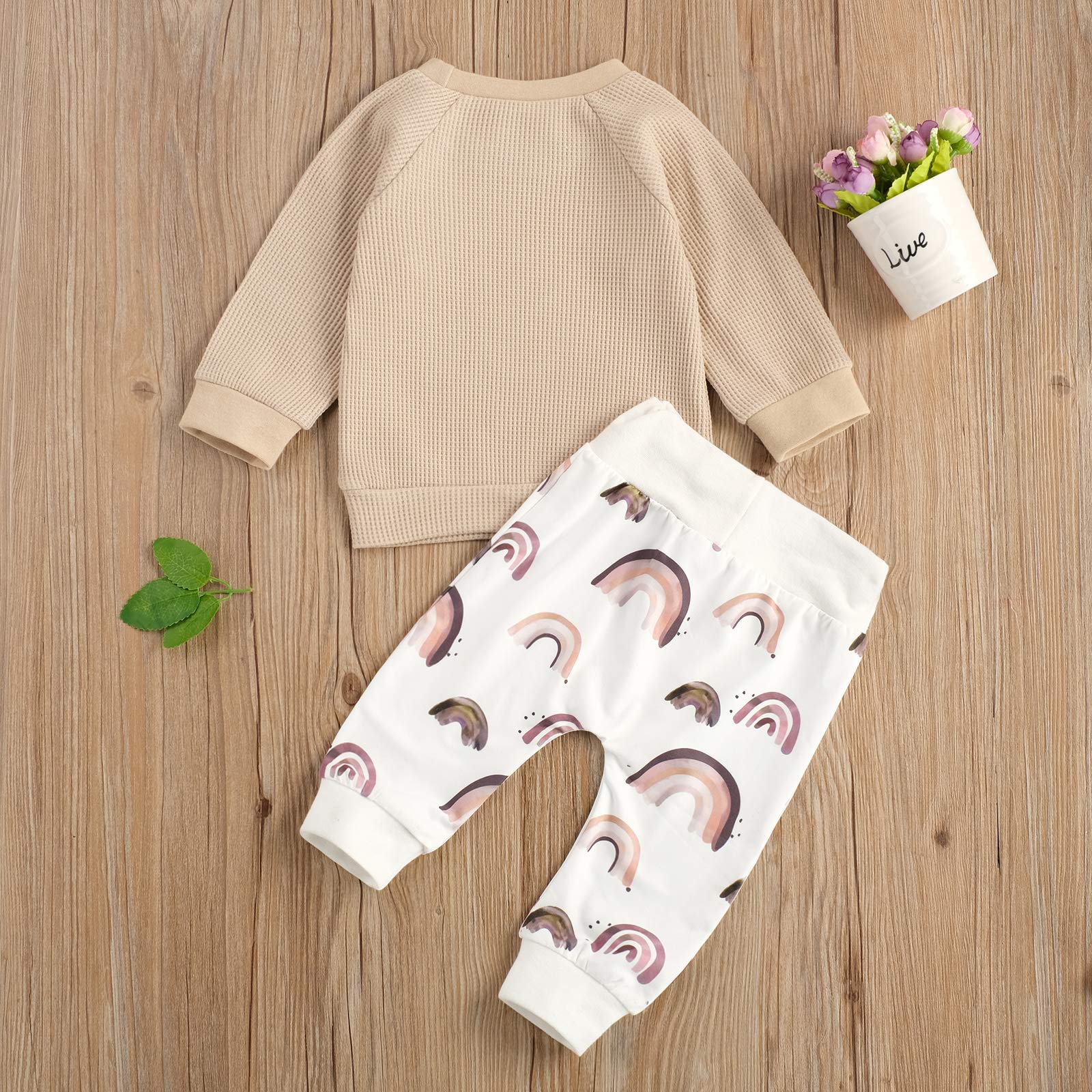 Douhoow Autumn Baby Boy Girl Clothes Long Sleeve T-shirt Top Rainbow Pants Two Piece Outfit Set 0-24M (Khaki, 18-24M)