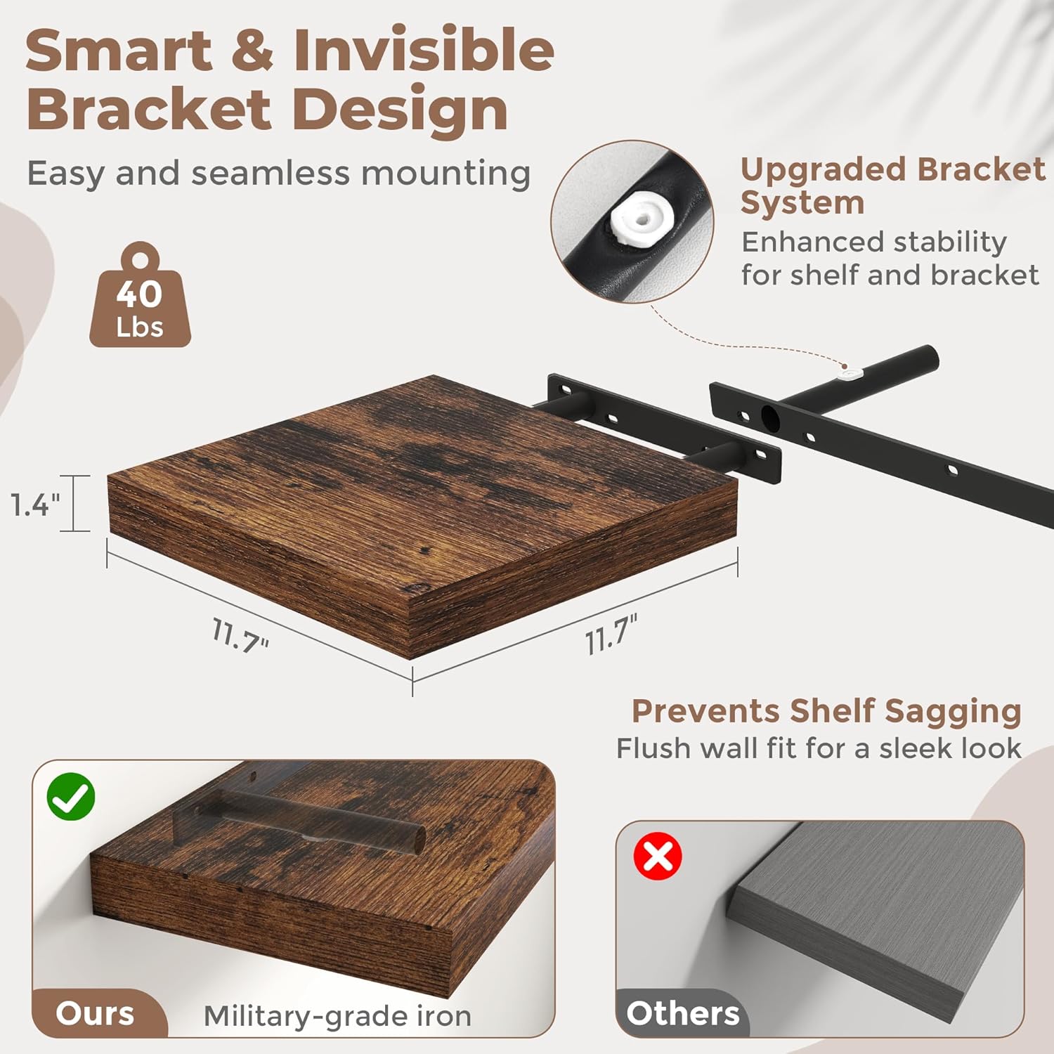 12 Inch Floating Shelves for Wall with Invisible Brackets Set of 3, 12"D Engineered Wood Wall Shelves with Wood Grain for Living Room, Bedroom, Bathroom, Kitchen Decor and Storage, Rustic Brown