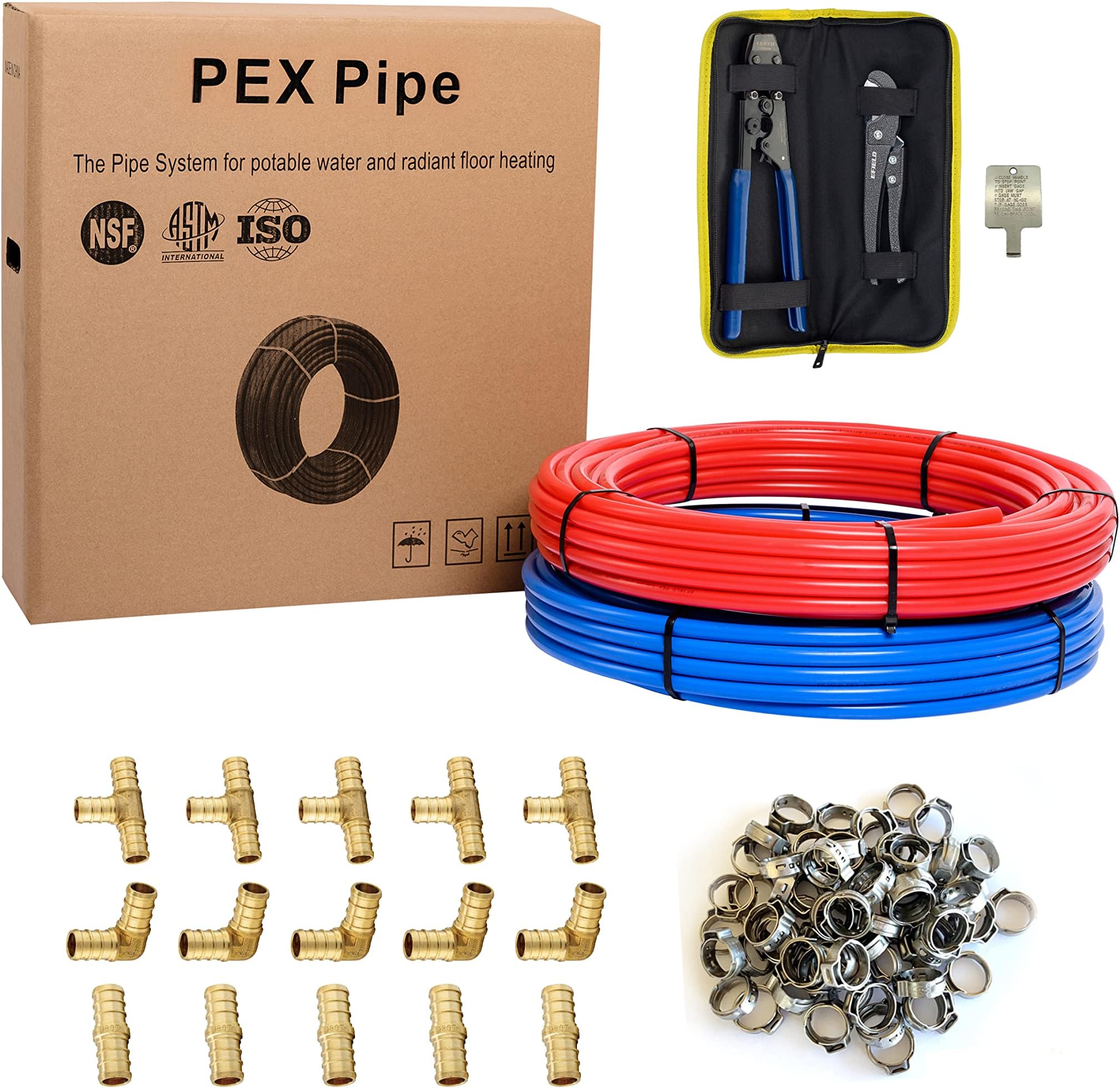 EFIELD 1/2 Inch 2 x100 ft Pex-b Pipe/Tubing(200 Ft), For Potable Water, Cold Hot Water, Brass Fitting, Crimping Clamp Tool, Cinch Clamps, Cutter Combo Kit (All in One),(E99KIT)