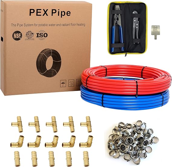 Efield 3/4-Inch 2X100 ft Pex-b Tubing (100 ft Red + 100 ft Blue), Crimper & Cutter Tools, 15 Pcs 3/4 Barb Pex Brass Fittings, 40 Pcs 3/4 Clamps in Heavy-Duty Canvas Bag,(139)