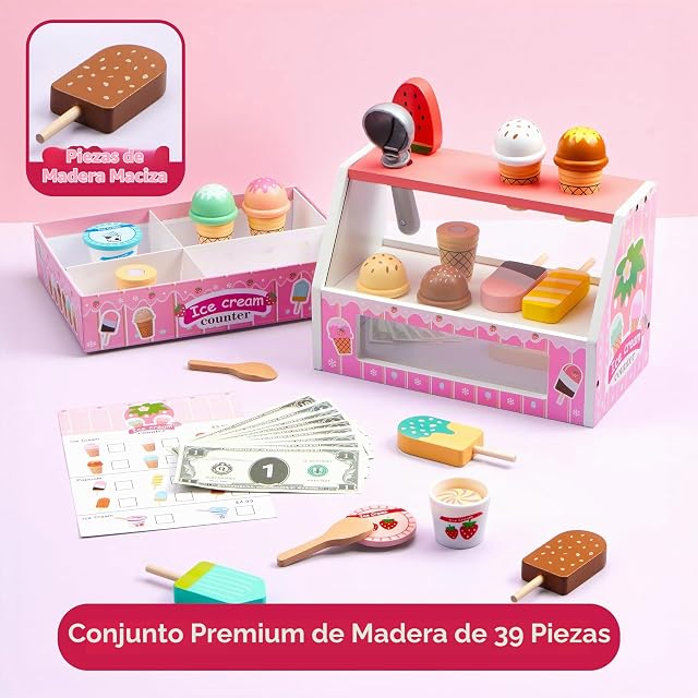 Foto 4 de 6 de SYNCFUN Juego de Helados de Madera de 33 Piezas, Juguete de Cocina y Comida para Juegos de rol para niños de 3