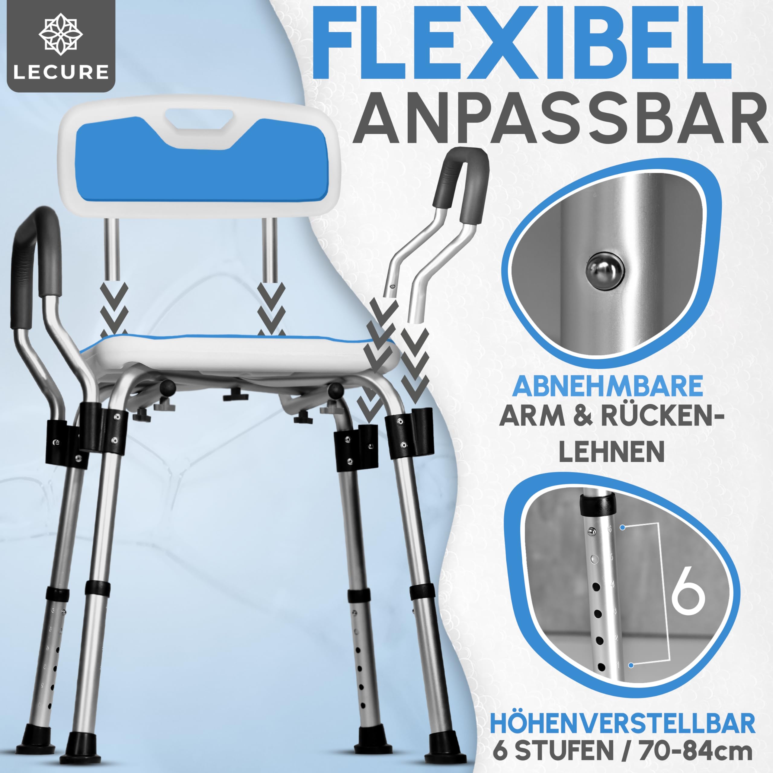 Duschstuhl für Senioren [höhenverstellbar & rutschfest] - gepolsterter Duschhocker mit Anti-Rutsch-Füßen und abnehmbaren Rücken- & Armlehnen [bis 200 kg]