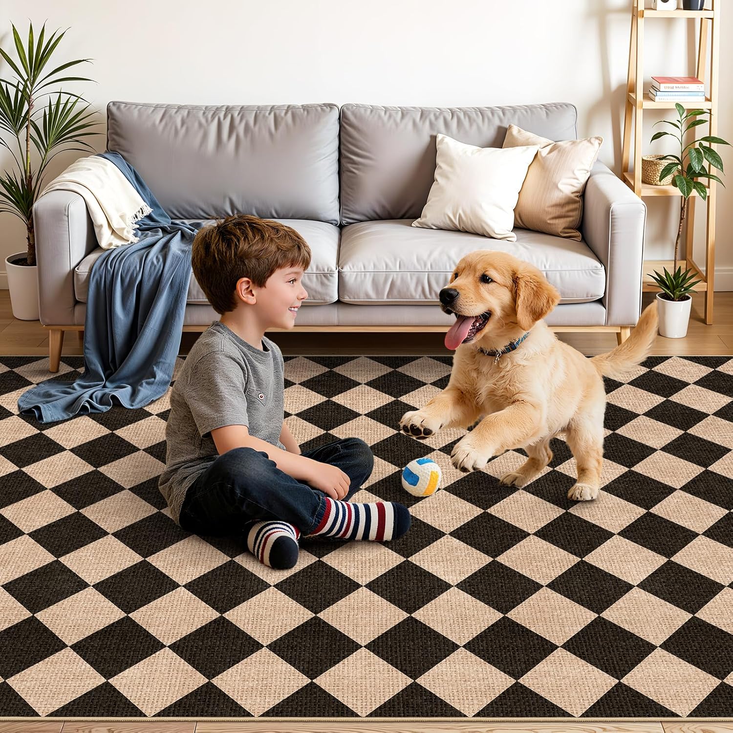 2x6 Jute Woven Runner Rug: Non-Slip Backing Diamond Pattern - Easy Clean Carpet for Hallway Kitchen - Washable Thin Indoor Rugs for High Traffic Areas Farmhouse Home Decor (Black/Brown,2x6)