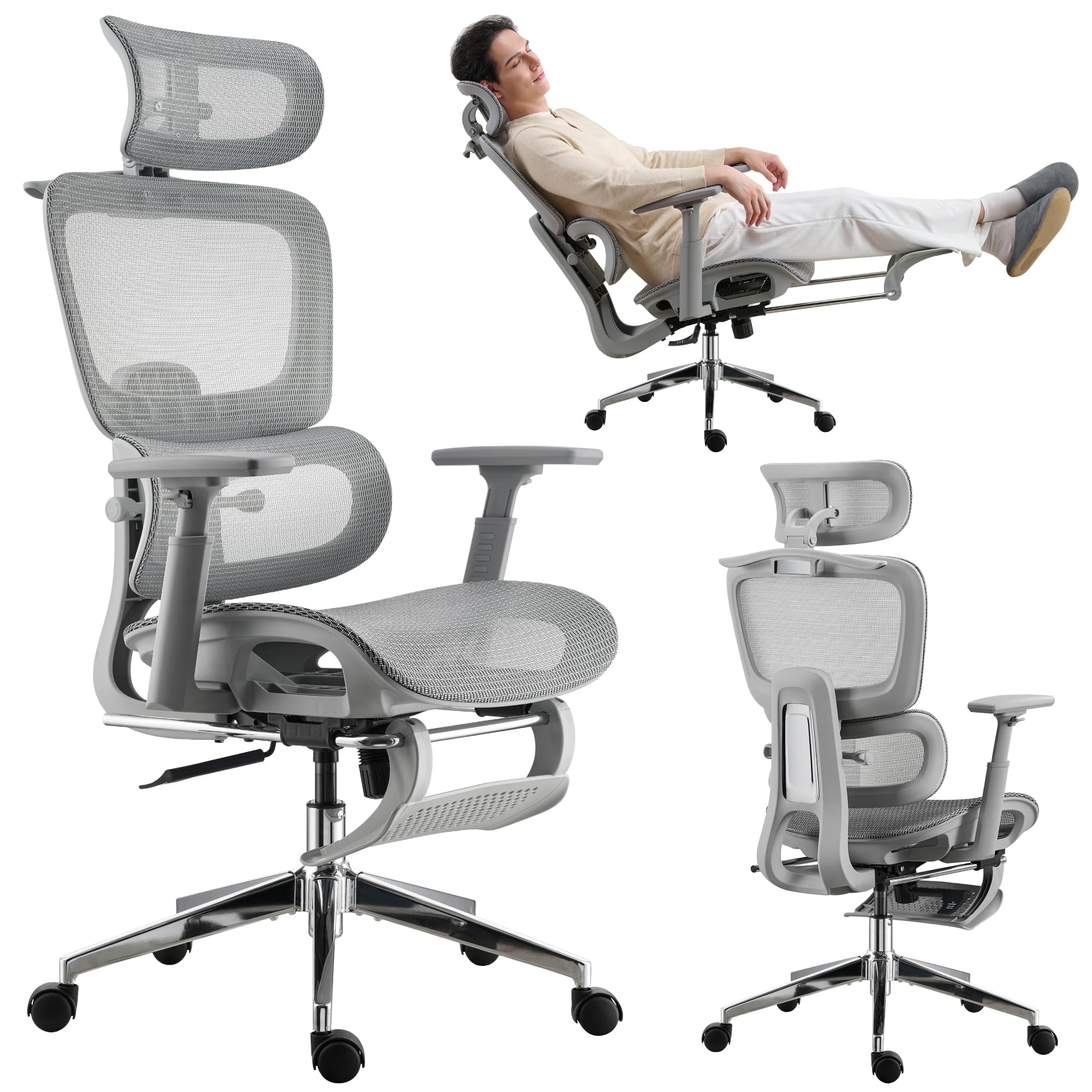 Silla de Juegos ergonómica de Malla con Soporte Lumbar y reposapiés, Respaldo Alto, reposacabezas Ajustable y reposabrazos, Ideal para Oficina en casa y Gaming - Gris