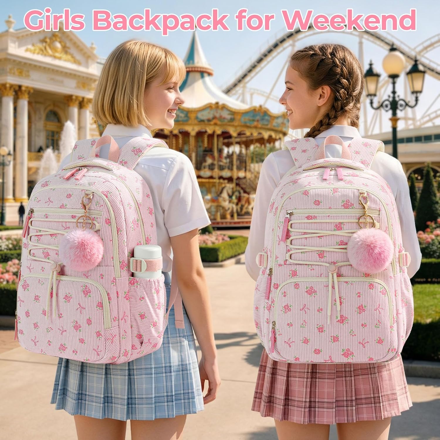 WOBAGMEN Corduroy Backpack for Women,Cute Aesthetic Backpack with Multi-Pocket, Lightweight Bookbag Fits 15.6" Laptop, Large Capacity Casual Daypacks for travel (Pink Bow Floral, M)