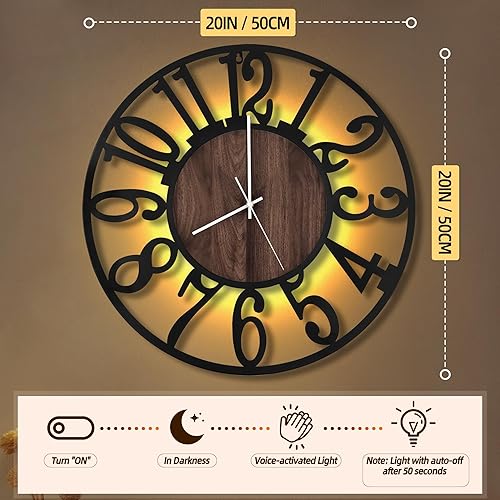 Miniatura 2 de LEIKE Reloj de pared LED grande, silencioso, sin tictac, funciona con pilas, rústico, redondo, moderno, reloj de pared de madera grande para sala de