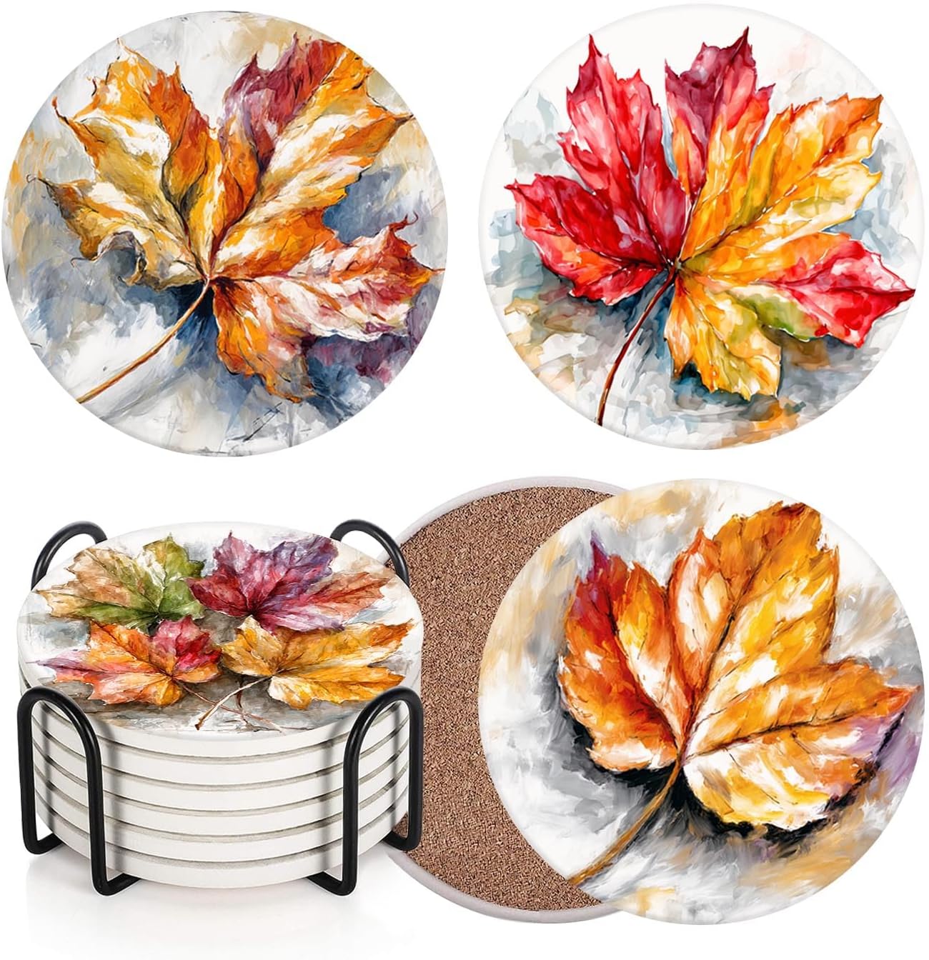 Fall Coasters for Drinks, Set of 6 Ceramic Stone Plaid Pumpkin