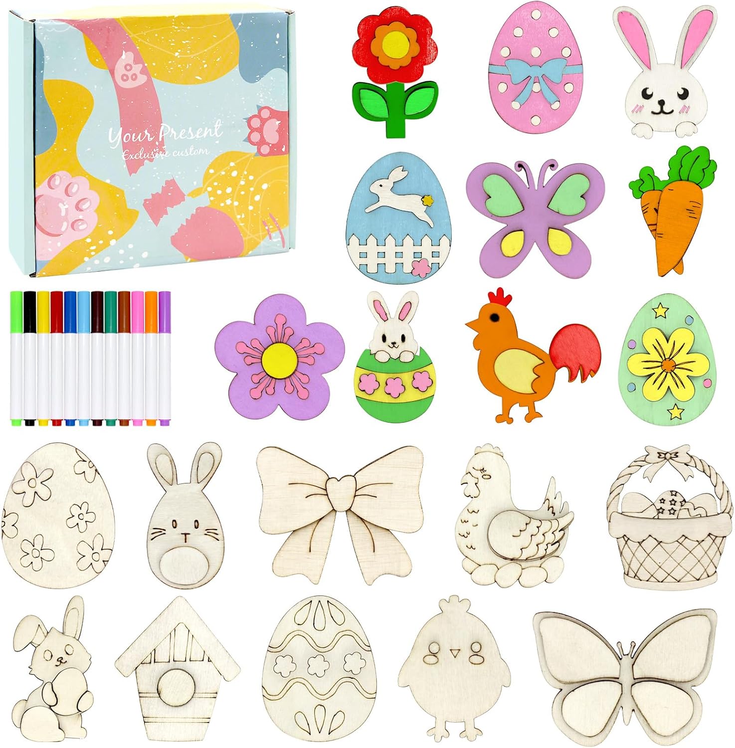 Hidreas 36 Pcs DIY Easter Wooden Magnets Art Craft Supplies Painting Kit Easter Activities for Kids