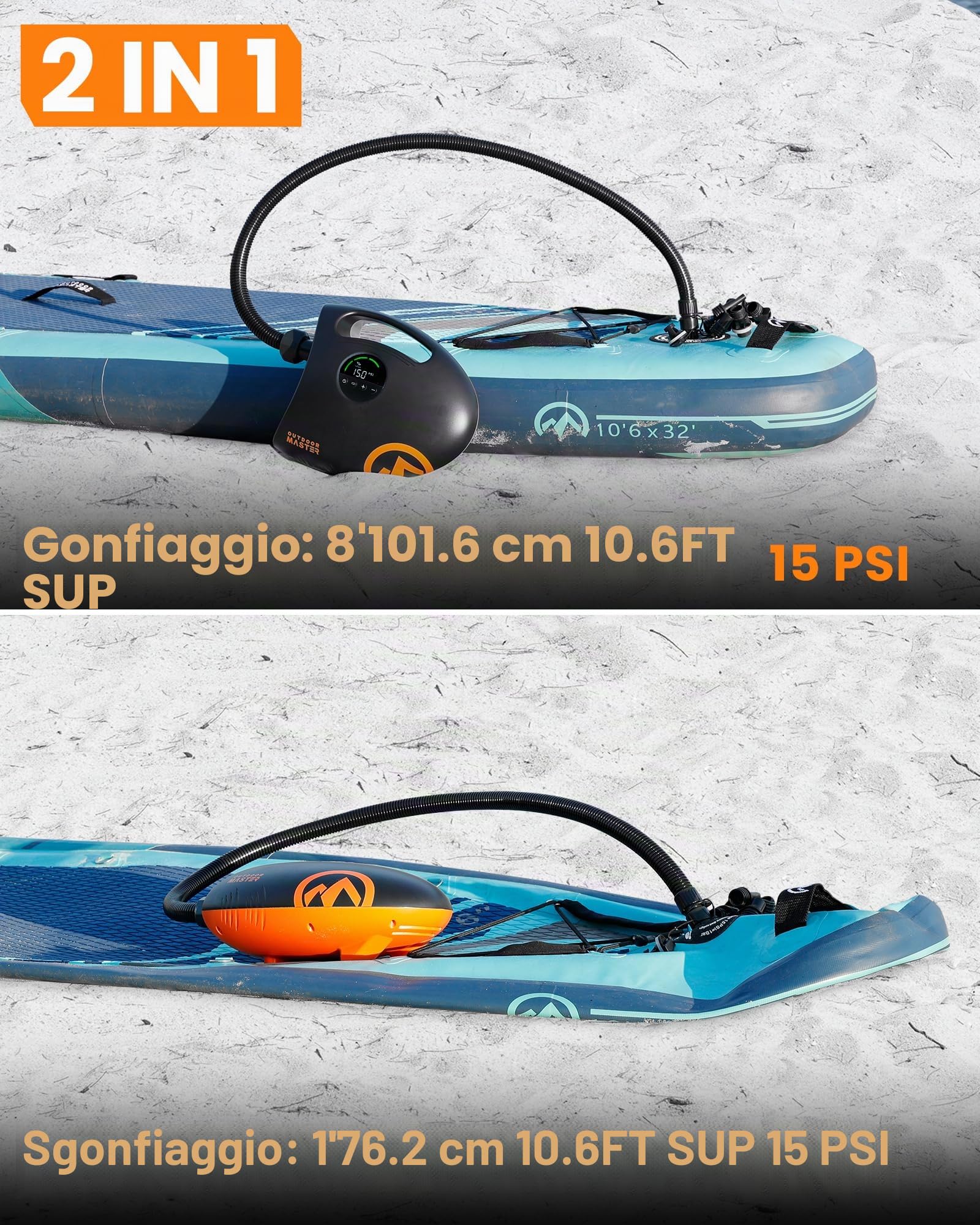 OutdoorMaster Shark 2S - Pompa elettrica da paddle board da 88,8 Wh, batteria ricaricabile per il gonfiaggio e sgonfiaggio di 6 SUP, pompa ad aria SUP da 20 PSI 12 V/15,8 V DC e ingresso Type-C