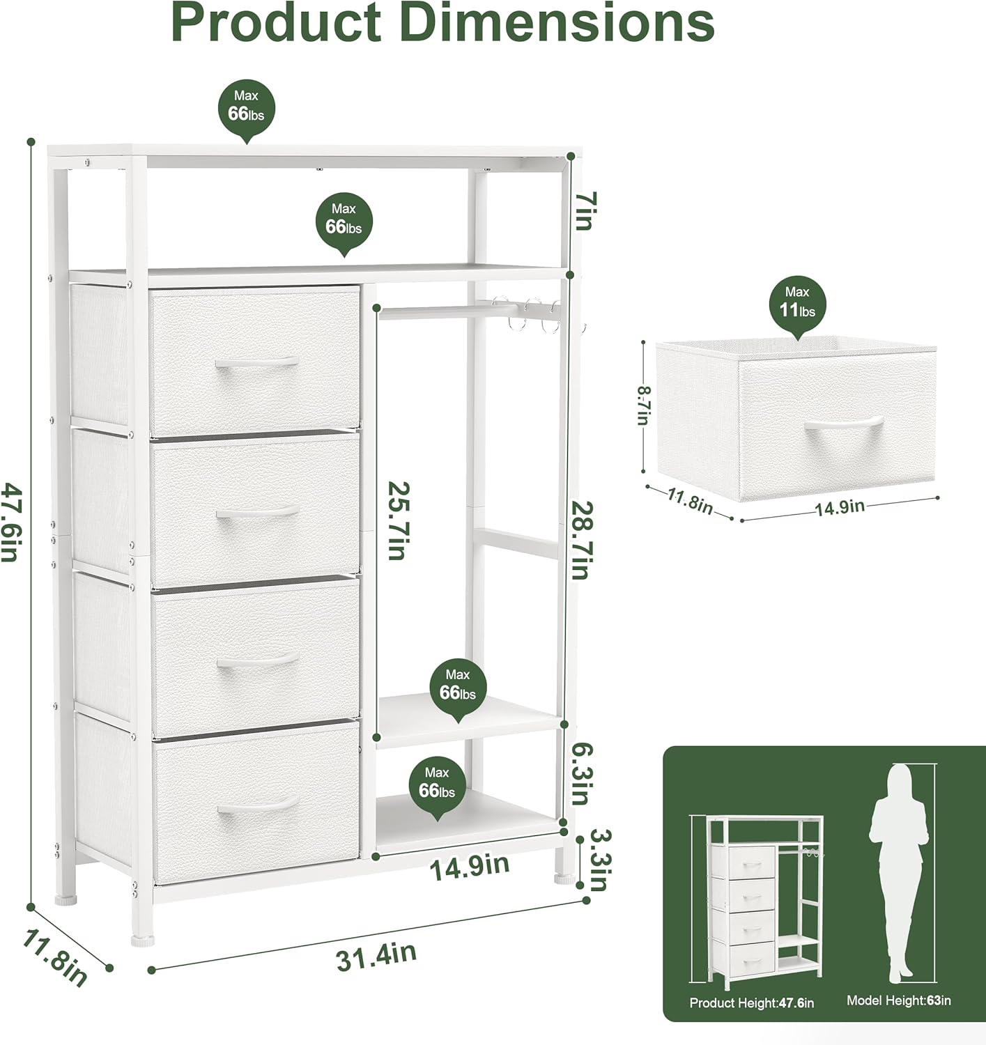 YOSHOOT 31.5" Dresser with Hanging Rack - Closet Dresser for Bedroom, Chest of Drawers with 4 Fabric Drawers & 2 Open Shelf, White