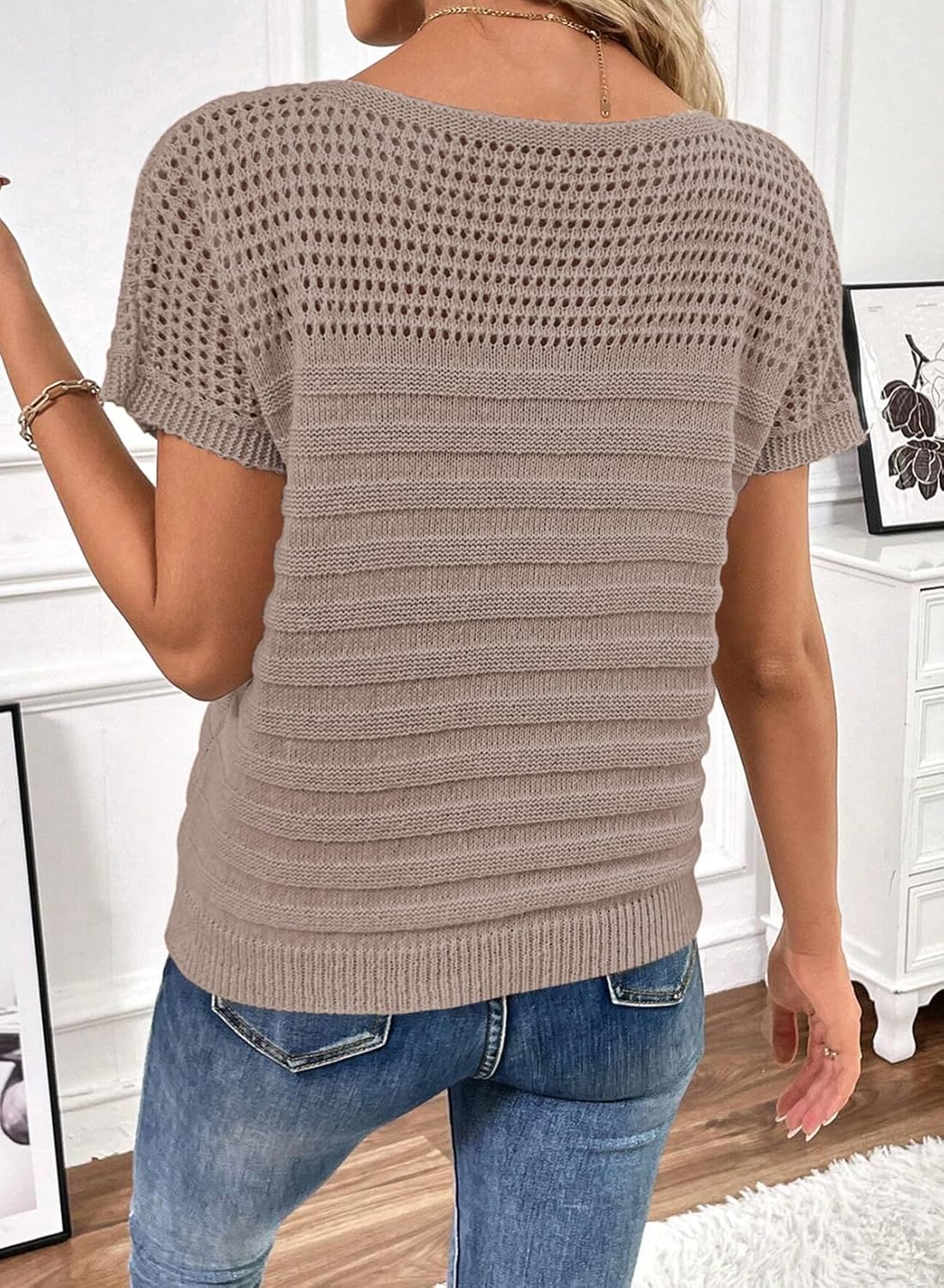 SHEWIN Womens Sweaters Crew Neck Short Sleeve Shirts Summer Tops Knit Hollow Out T Shirts Sweater Blouses - Image 3