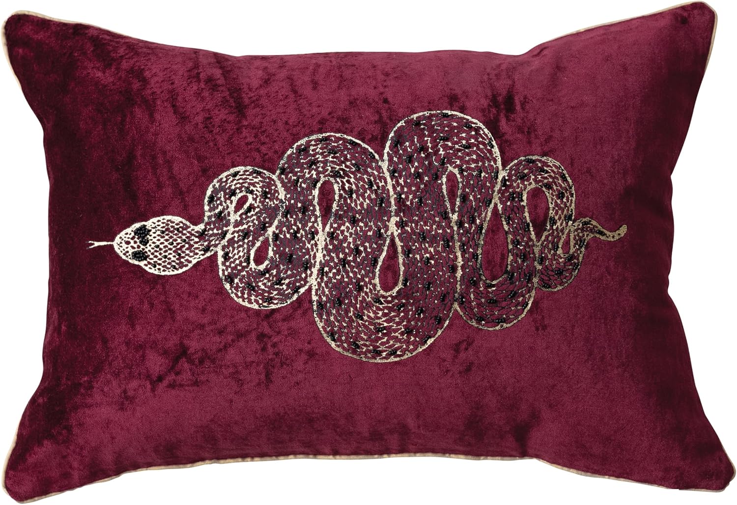 Bloomingville Cotton Velvet Printed Lumbar Pillow with Gold Foil Snake, Beads and Piping, Maroon