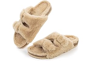 Cozy Womens Open Toe Slipper - Faux Rabbit Fur Cork Slide Sandals