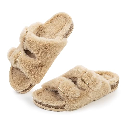 FITORY Womens Open Toe Slipper with Cozy Lining,Faux Rabbit Fur Cork Slide Sandals Size 6-11
