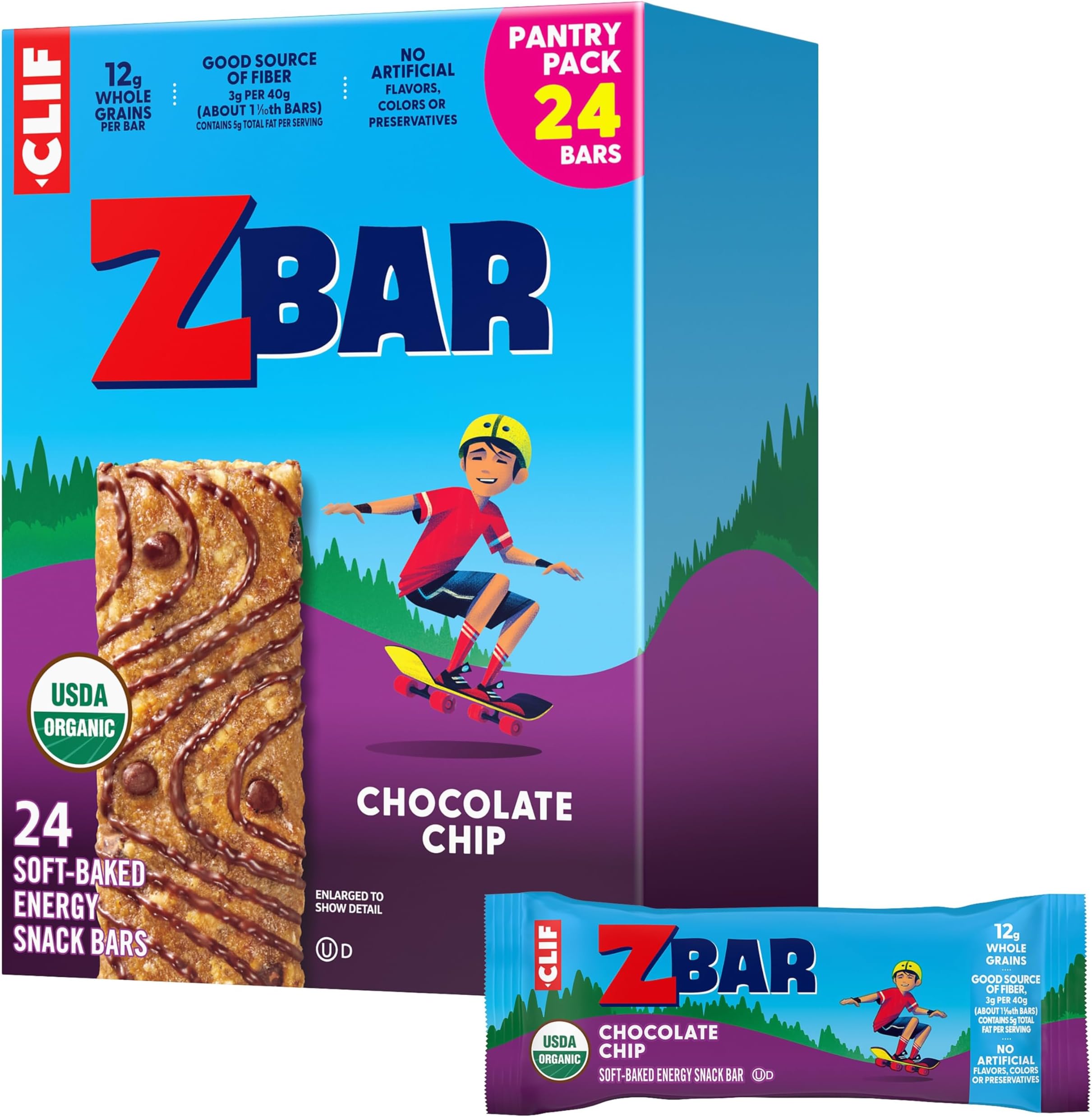 CLIF Kid Zbar - Chocolate Chip - Soft Baked Whole Grain Snack Bars - USDA Organic - Non-GMO - Plant-Based - 1.27 oz. (24 Pack)
