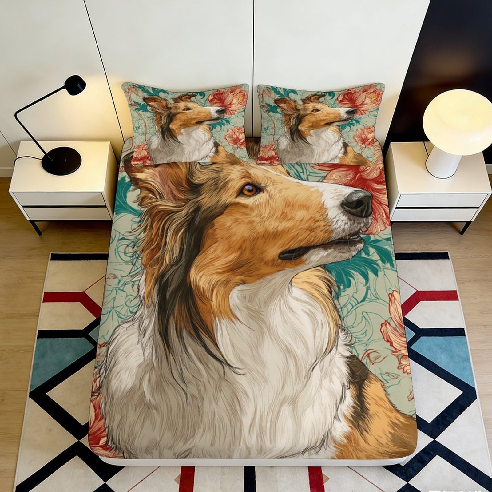 3D Printed Collie Dog Fitted Sheet Microfiber Soft Anti-Slip Floral Mattress Cover for Bedroom Guest Room Decor 140x200x25cm