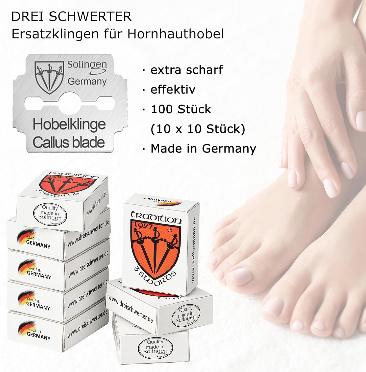3 Swords Germany - 100 (10x10) Pieces Replacement Refill Blades for Callus Remover - Made in Solingen Germany