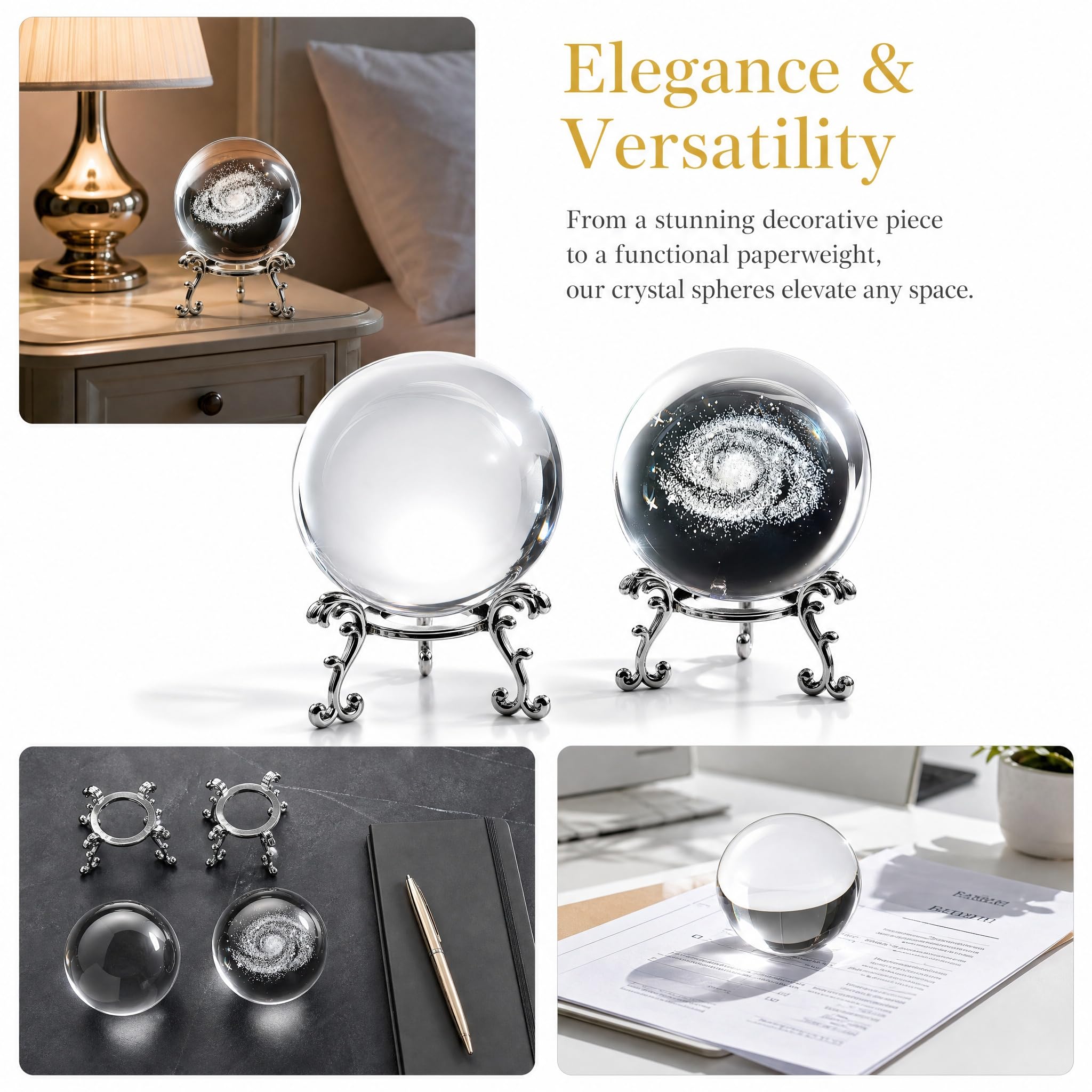 2-Piece 3D Laser Engraved Galaxy Crystal Balls with Silver Stand, and Clear Glass Sphere Paper Weights, Universe Nebula Decor for Home, Gift for Astronomy Lovers, Men, Women