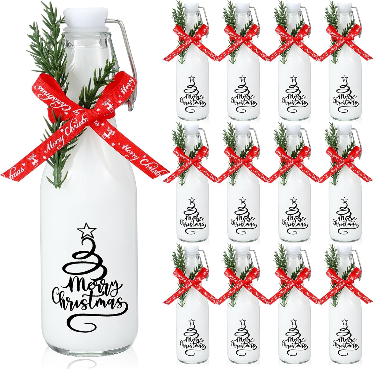 Sieral 12 Pack Christmas Tree Swing Top Glass Bottle 8oz Clear Flip Top Beer Brewing Bottles with Ribbon and Artificial Branches for Liquids Wine Christmas Xmas Gifts