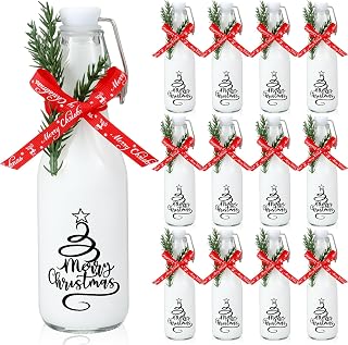 Sieral 12 Pack Christmas Tree Swing Top Glass Bottle 8oz Clear Flip Top Beer Brewing Bottles with Ribbon and Artificial Branches for Liquids Wine Christmas Xmas Gifts