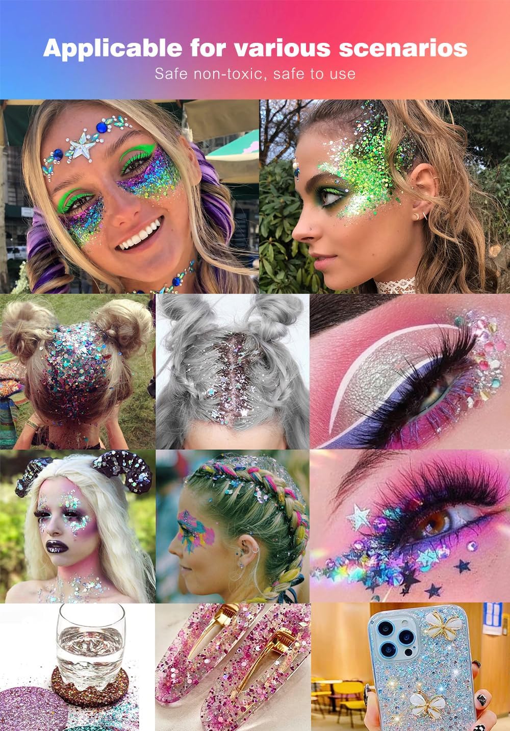 Holographic Chunky Glitter Set, 24 Colors 2oz Craft Glitter for Hair Face Body Makeup Nail, DIY Arts and Craft, Music Festivals, Party Christmas Decorations
