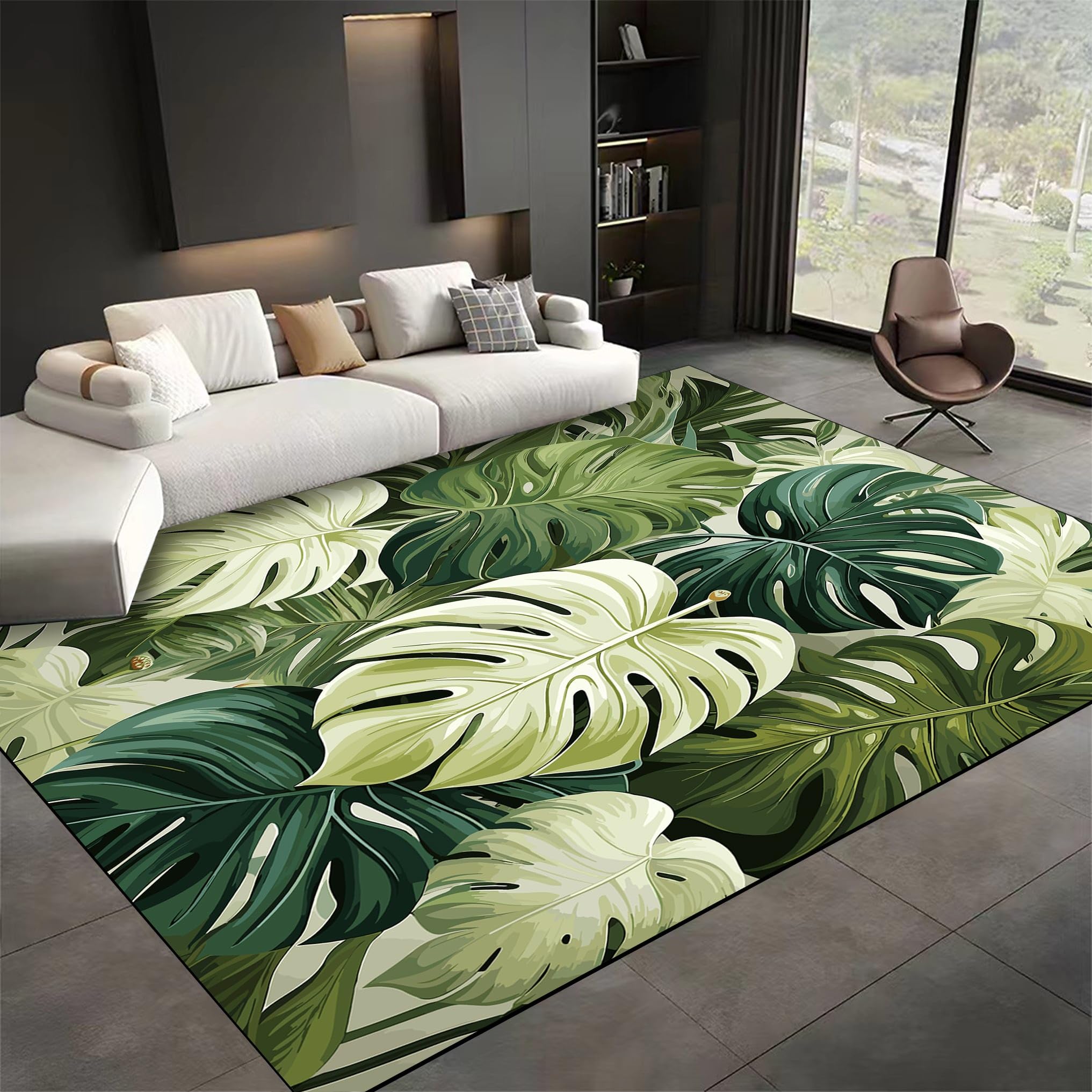 USHIRUG Green Plant Leaf Area Rug, 3x5ft, Tropical Monstera Living Room Carpet, with Non Slip Backing Low Pile Throw Rugs, Soft Machine Washable