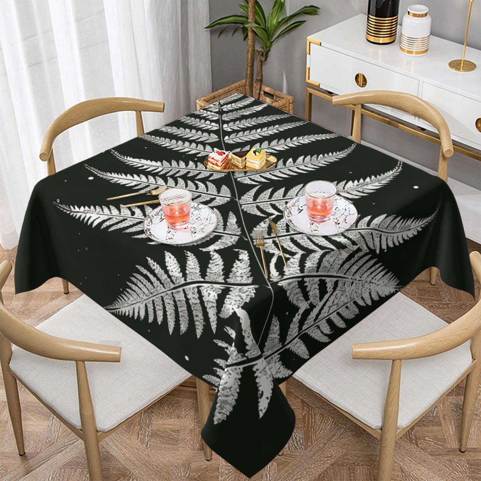 WPKJU Natural Plant Silhouette Fern Leaf Printed Square Tablecloth 54x54 inch Water Resistant Table Cover Washable Rectangle Table Cloth for Dining Tables